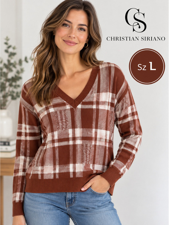 Christian Siriano Sweaters - Christian Siriano | L | Brown Plaid V-Neck Sweater
